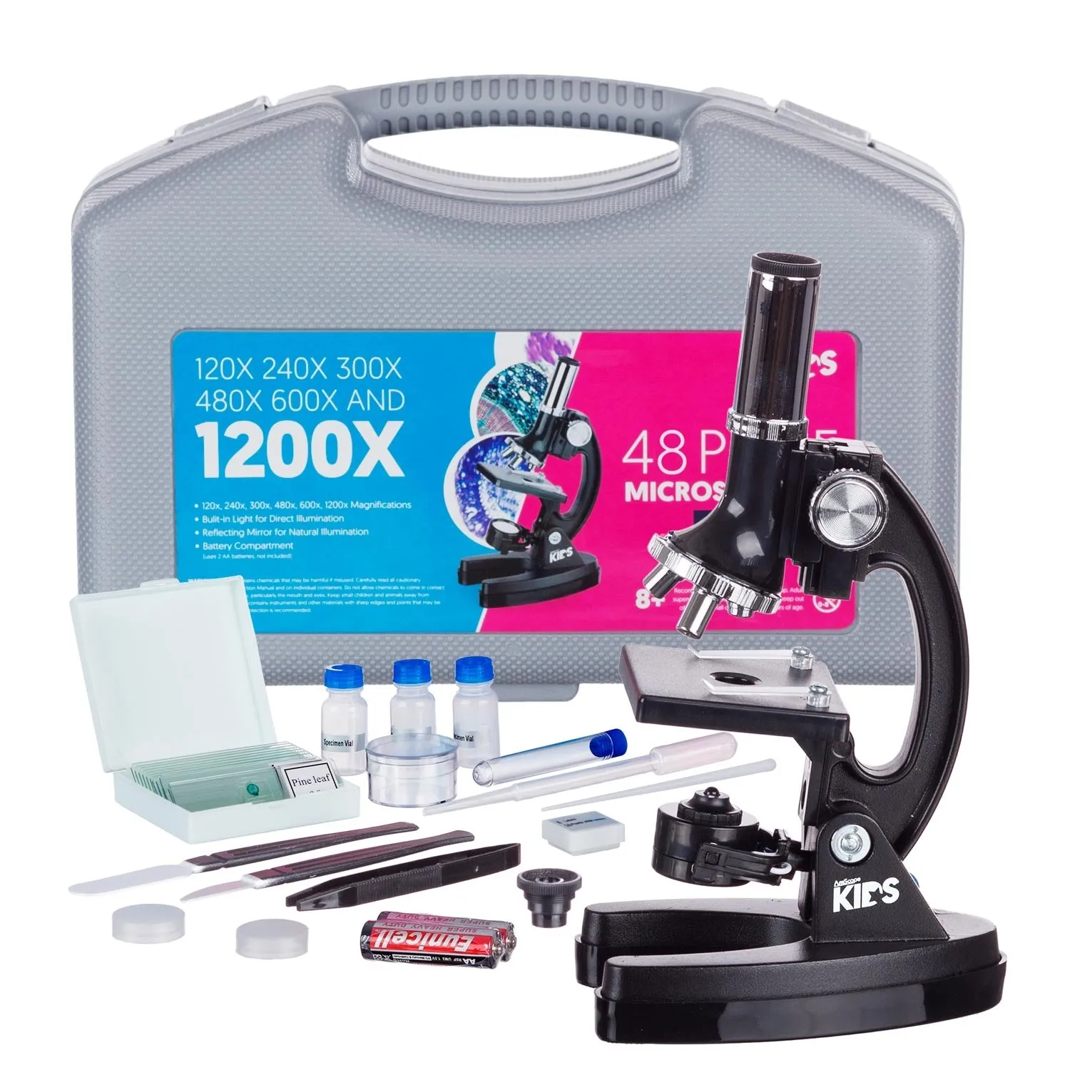 IQCrew By AmScope KIDS Series 48pc Metal Arm Educational Starter Biological Monocular Compound Microscope Black Kit 120X-1200X Magnification Experiment Cards