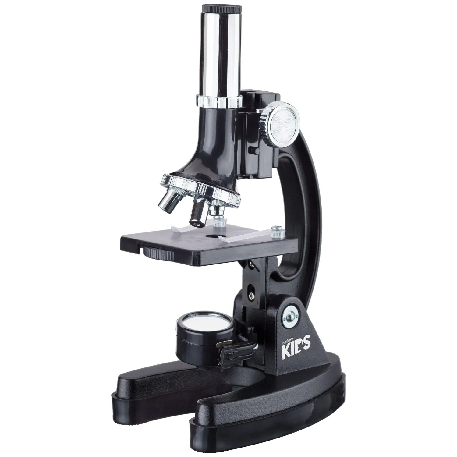 IQCrew By AmScope KIDS Series 48pc Metal Arm Educational Starter Biological Monocular Compound Microscope Black Kit 120X-1200X Magnification Experiment Cards