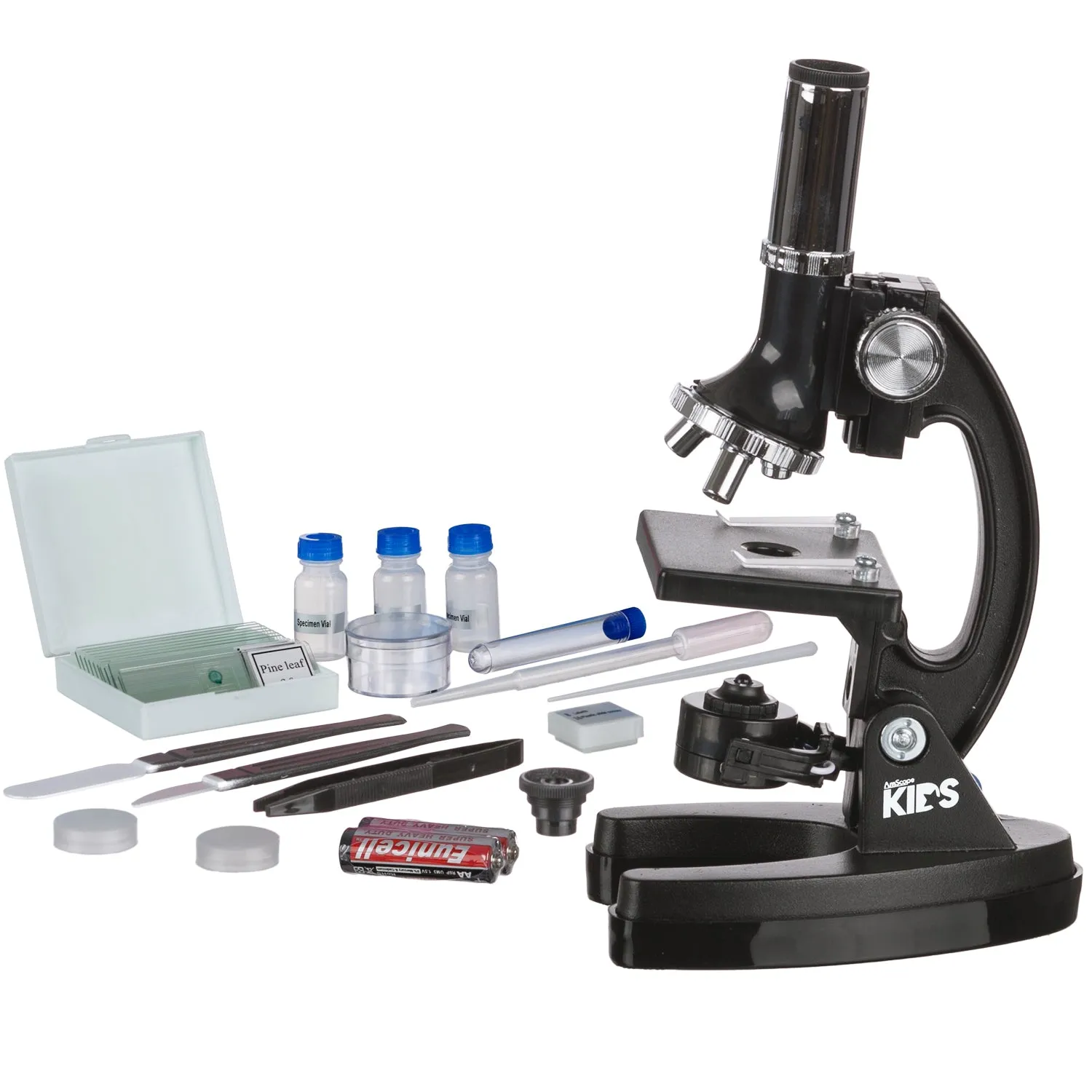 IQCrew By AmScope KIDS Series 48pc Metal Arm Educational Starter Biological Monocular Compound Microscope Black Kit 120X-1200X Magnification Experiment Cards