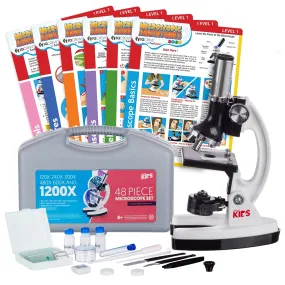 IQCrew By AmScope KIDS Series 48pc Metal Arm Educational Starter Biological Monocular Compound Microscope Kit 120X-1200X Magnification with Experiment Cards