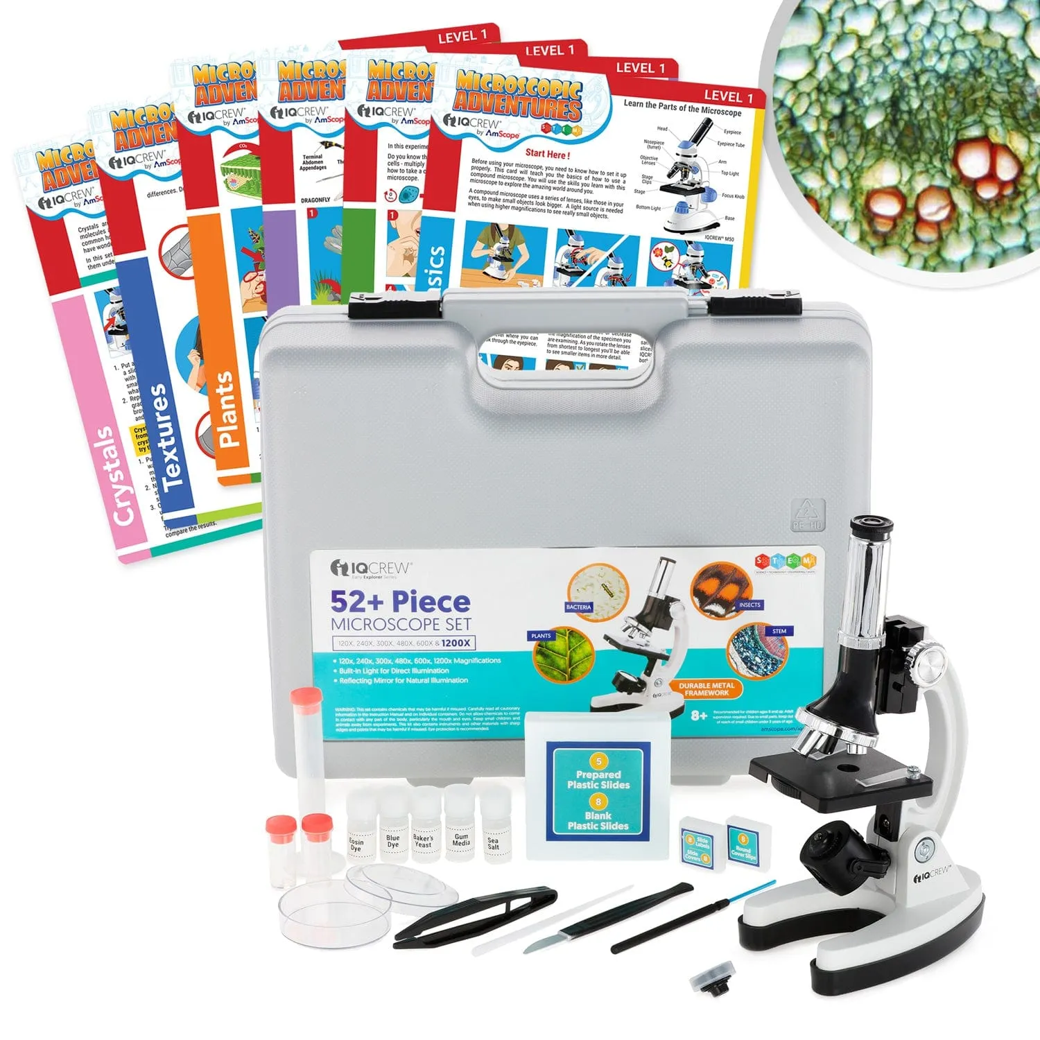 IQCrew By AmScope M30 Series 52-pcs STEM Microscope Kit for Kids 120X-1200X Magnification with Metal Body, Plastic Slides, LED Light and Storage Box