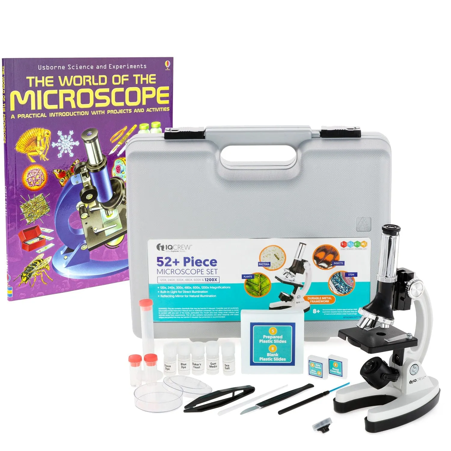 IQCrew By AmScope M30 Series 52-pcs STEM Microscope Kit for Kids 120X-1200X Magnification with Metal Body, Plastic Slides, LED Light and Storage Box