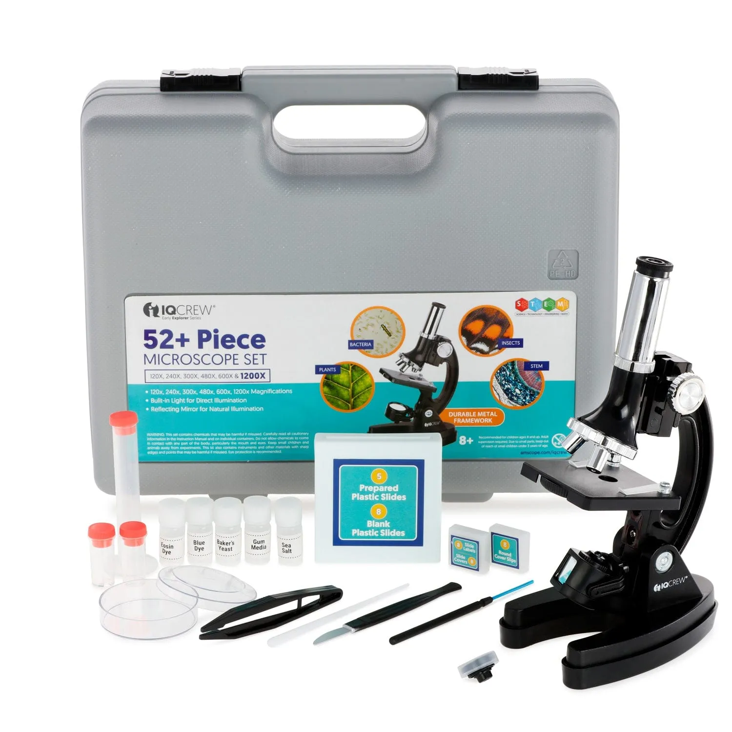 IQCrew By AMSCOPE Strater KIDS Student Compound Microscope Kit 120X-240X-300X-480X-600X-1200X Magnificaiton with Metal Arm and Experiment Cards