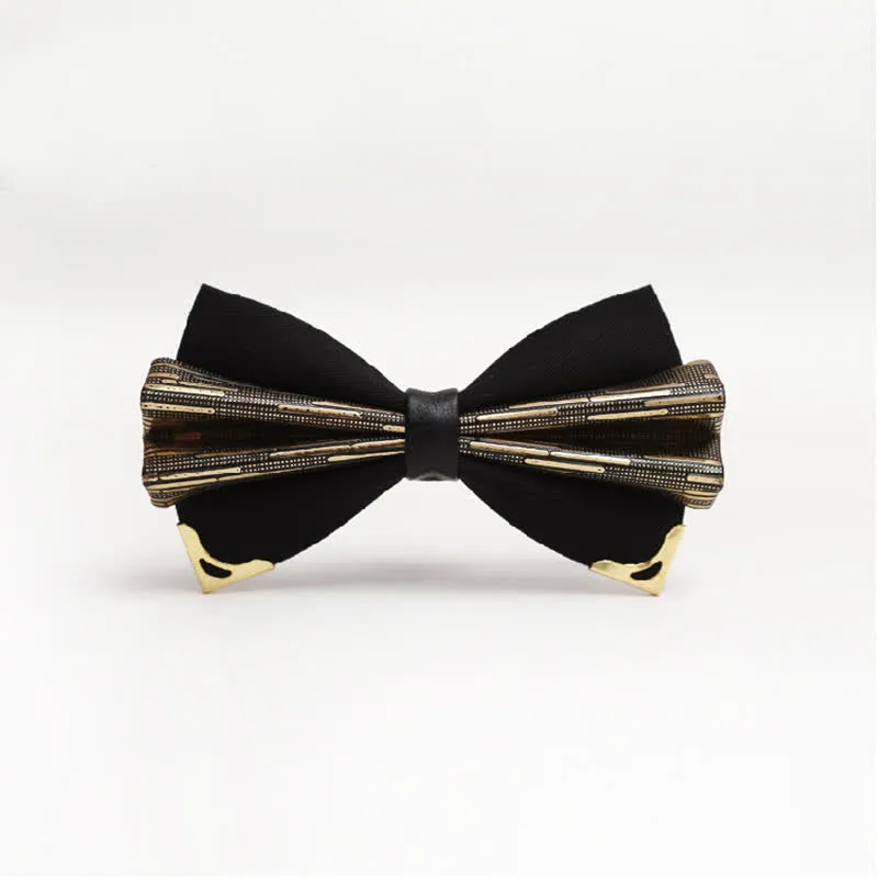 Men's Moire Pattern Double Layer PU Golden Tipped Bow Tie