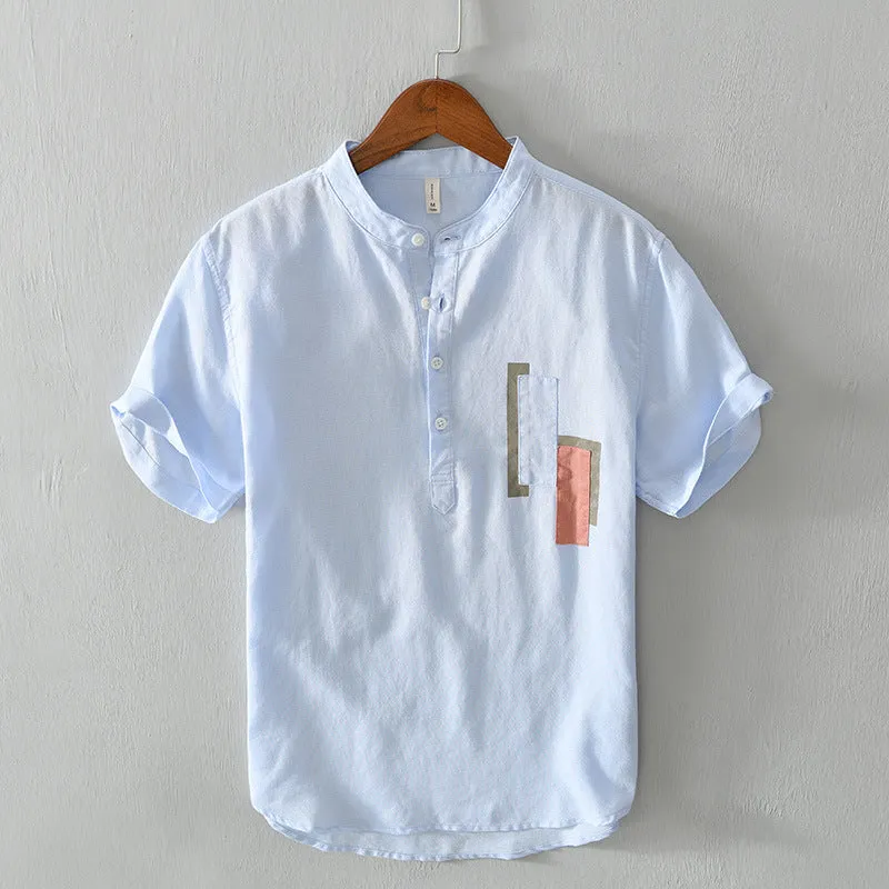 Men's Stand Collar Short Sleeve Linen Shirt