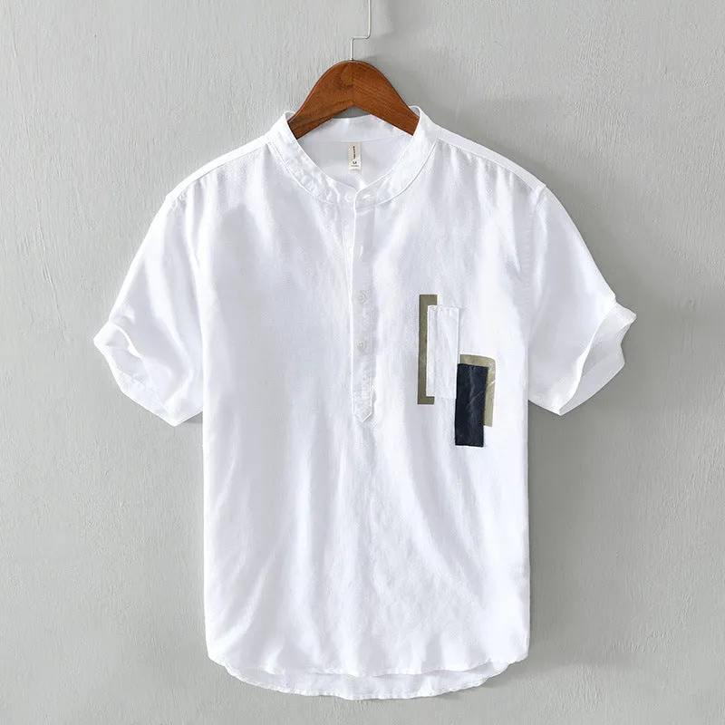 Men's Stand Collar Short Sleeve Linen Shirt
