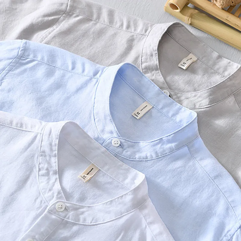 Men's Stand Collar Short Sleeve Linen Shirt