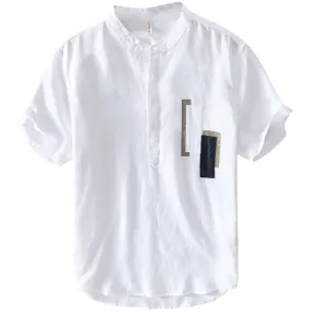 Men's Stand Collar Short Sleeve Linen Shirt