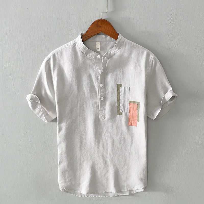Men's Stand Collar Short Sleeve Linen Shirt