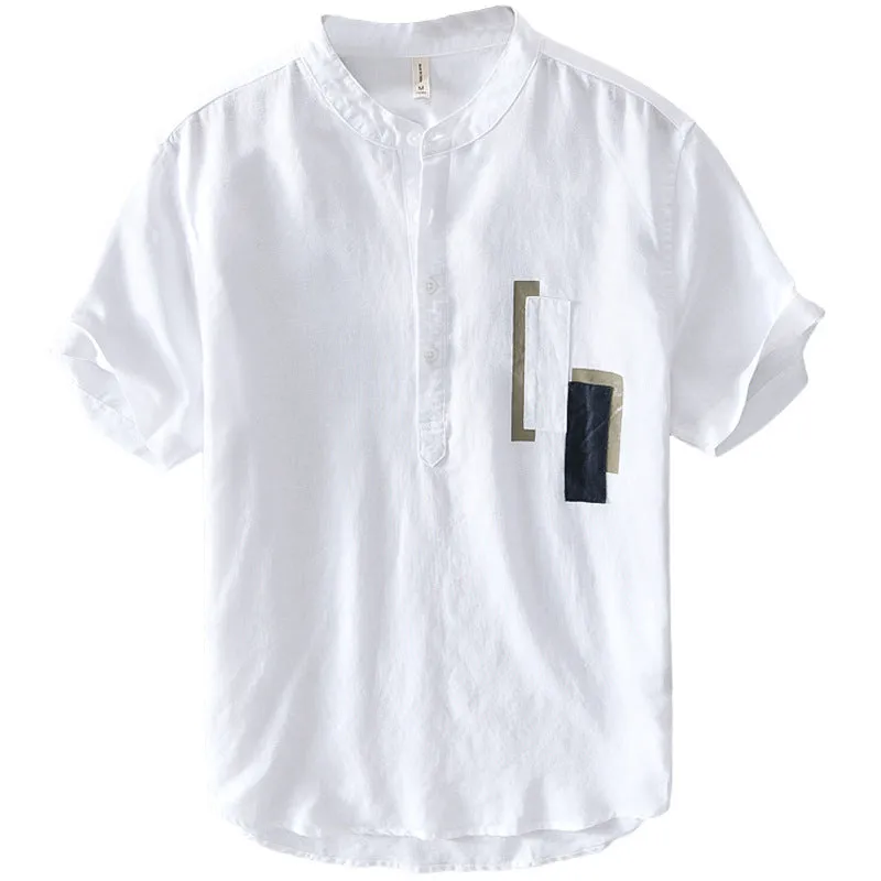 Men's Stand Collar Short Sleeve Linen Shirt
