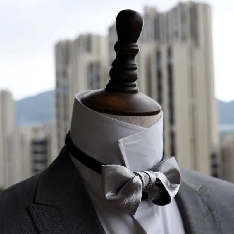 Men's Trendy Glossy Silver Gray Double Layered Bow Tie