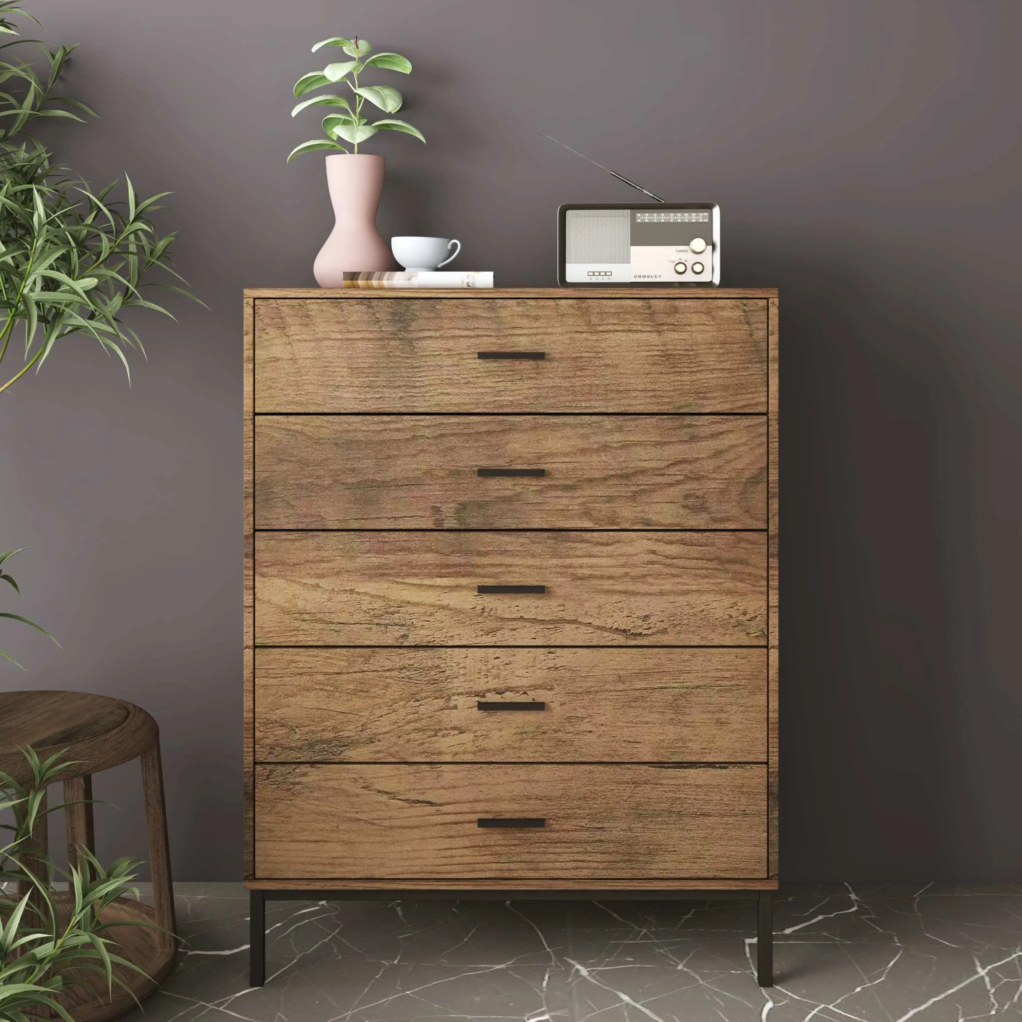 MerryLuk Bronx Chest of 5 Drawers Dresser Nightstand Set