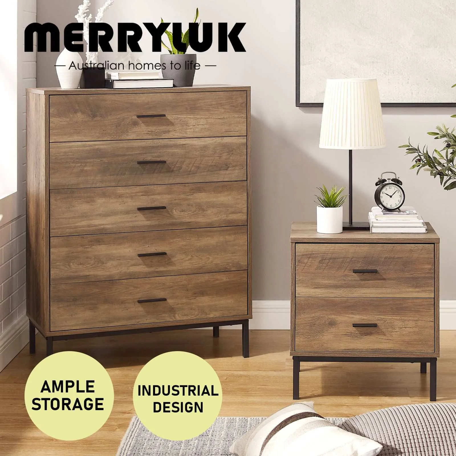 MerryLuk Bronx Chest of 5 Drawers Dresser Nightstand Set