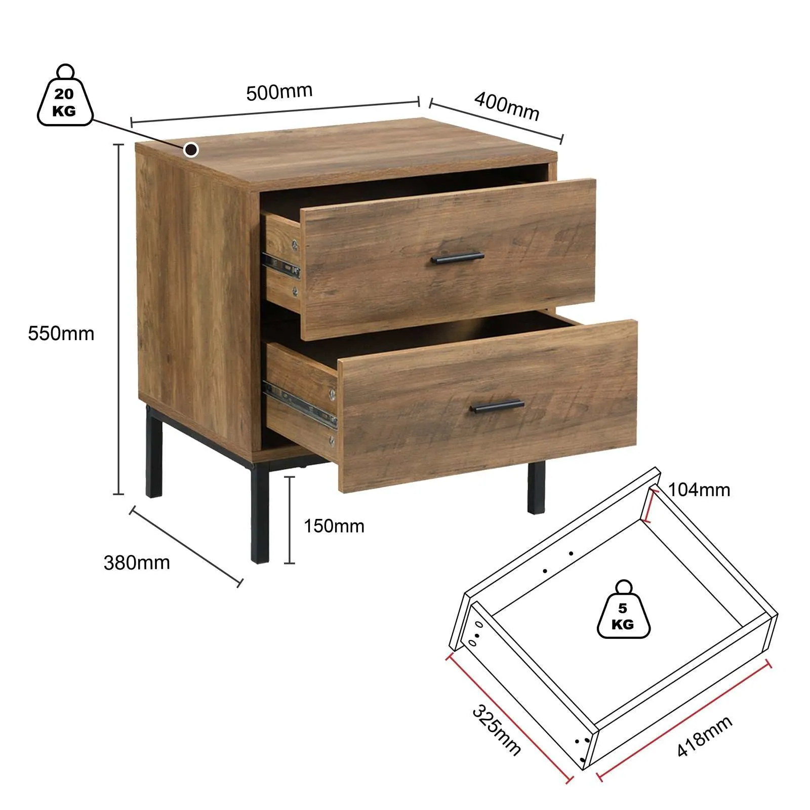 MerryLuk Bronx Chest of 5 Drawers Dresser Nightstand Set