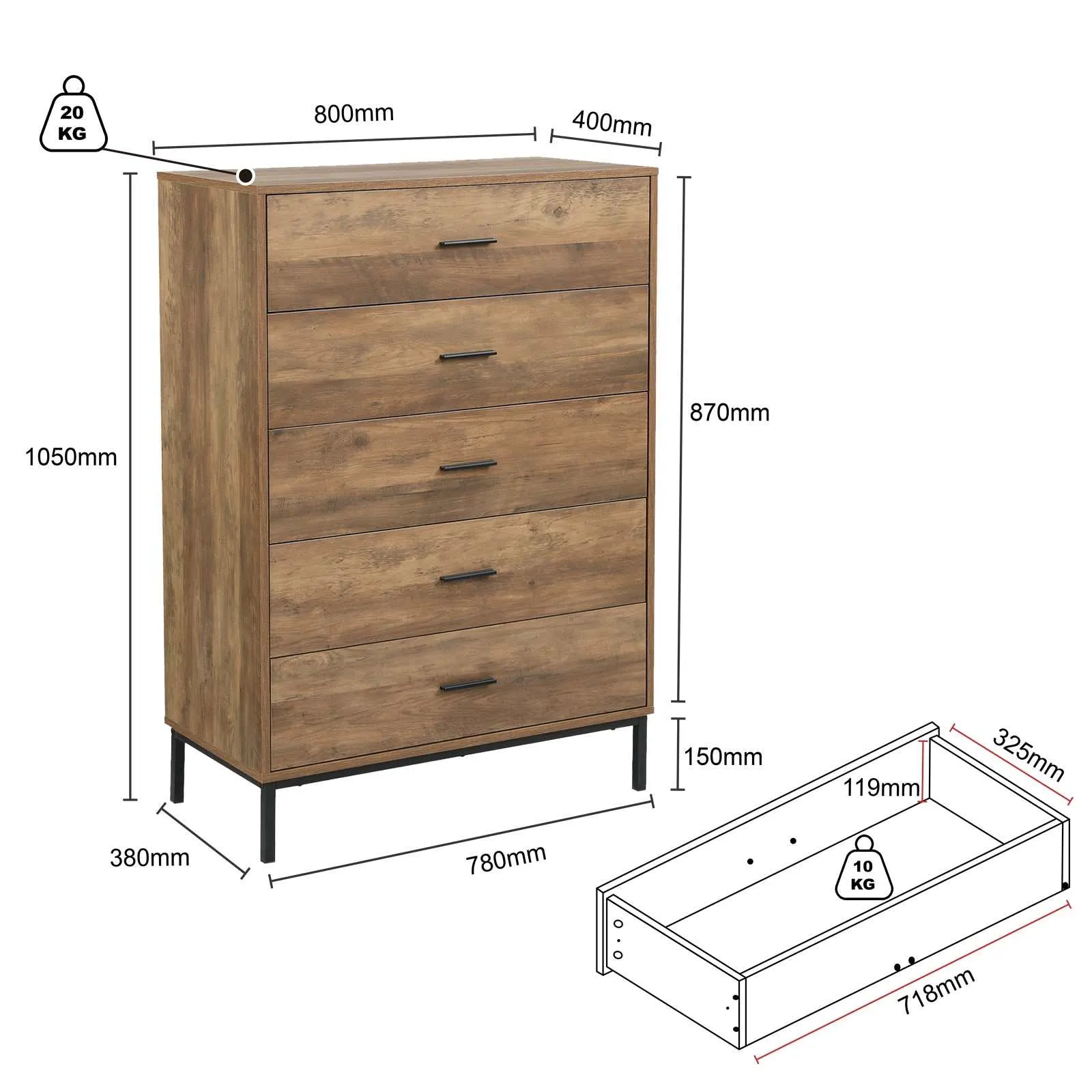 MerryLuk Bronx Chest of 5 Drawers Dresser Nightstand Set