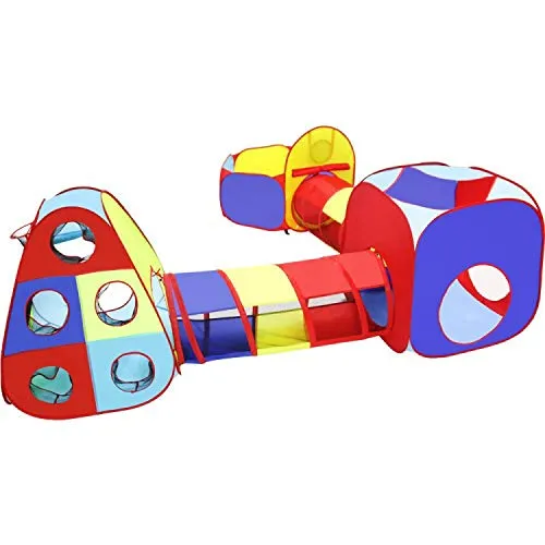Playz 5pc Kids Playhouse Jungle Gym Ball Pit with Dart Board & 5 Sticky Balls - Fold Up Pop Up Tents, Tunnels & Basketball Pit Play Center for Boys, Girls, Baby, Toddlers w/ Travel Zipper Storage Bag