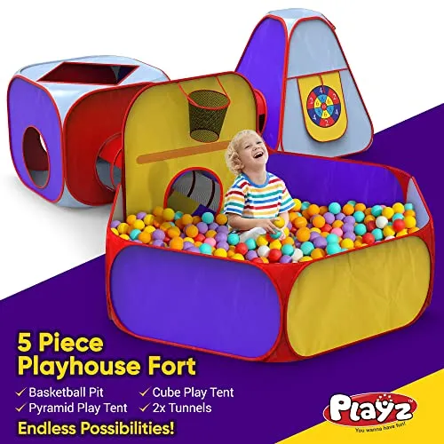 Playz 5pc Kids Playhouse Jungle Gym Ball Pit with Dart Board & 5 Sticky Balls - Fold Up Pop Up Tents, Tunnels & Basketball Pit Play Center for Boys, Girls, Baby, Toddlers w/ Travel Zipper Storage Bag