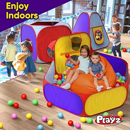 Playz 5pc Kids Playhouse Jungle Gym Ball Pit with Dart Board & 5 Sticky Balls - Fold Up Pop Up Tents, Tunnels & Basketball Pit Play Center for Boys, Girls, Baby, Toddlers w/ Travel Zipper Storage Bag