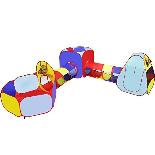 Playz 5pc Kids Playhouse Jungle Gym Ball Pit with Dart Board & 5 Sticky Balls - Fold Up Pop Up Tents, Tunnels & Basketball Pit Play Center for Boys, Girls, Baby, Toddlers w/ Travel Zipper Storage Bag