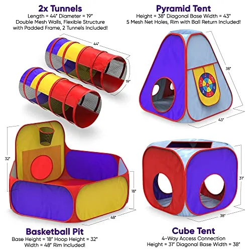 Playz 5pc Kids Playhouse Jungle Gym Ball Pit with Dart Board & 5 Sticky Balls - Fold Up Pop Up Tents, Tunnels & Basketball Pit Play Center for Boys, Girls, Baby, Toddlers w/ Travel Zipper Storage Bag