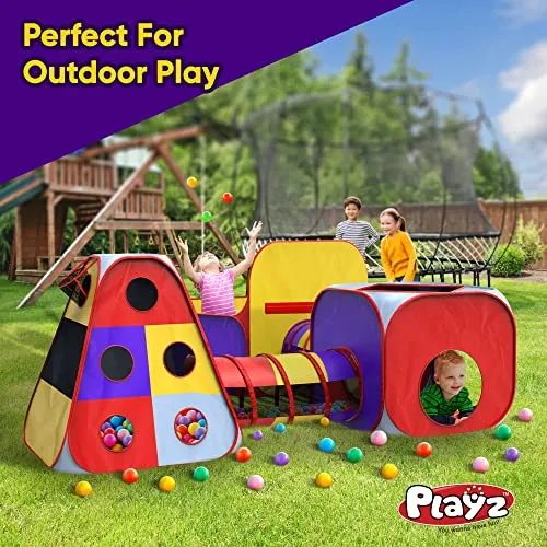 Playz 5pc Kids Playhouse Jungle Gym Ball Pit with Dart Board & 5 Sticky Balls - Fold Up Pop Up Tents, Tunnels & Basketball Pit Play Center for Boys, Girls, Baby, Toddlers w/ Travel Zipper Storage Bag