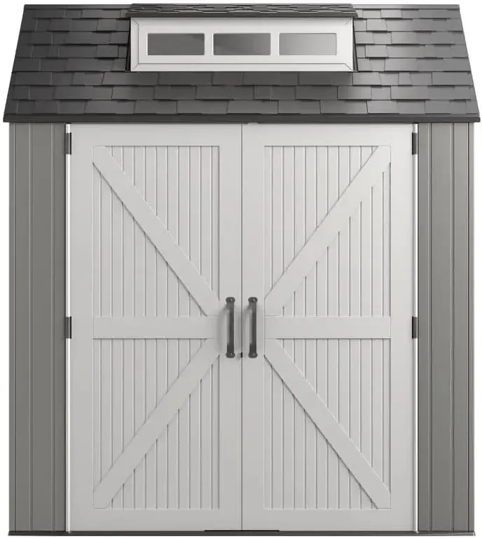 Rubbermaid Resin Outdoor Storage Shed With Floor (7 x 7 Ft), Weather Resistant, Gray, Organization for Home/Backyard/Garden Tool