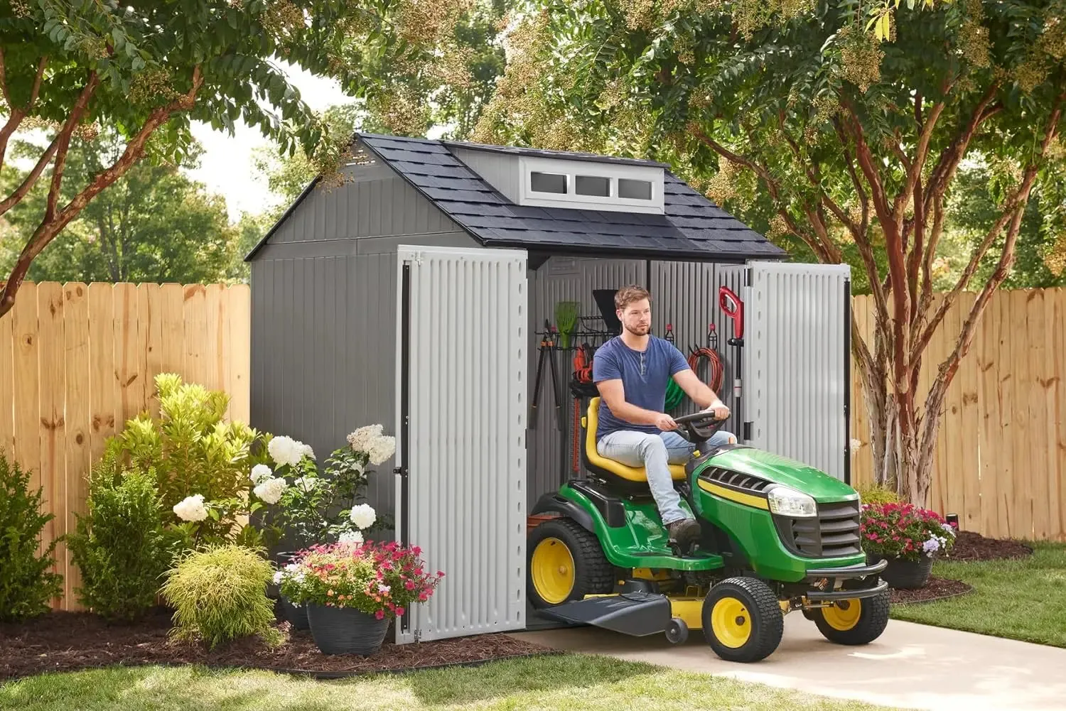 Rubbermaid Resin Outdoor Storage Shed With Floor (7 x 7 Ft), Weather Resistant, Gray, Organization for Home/Backyard/Garden Tool