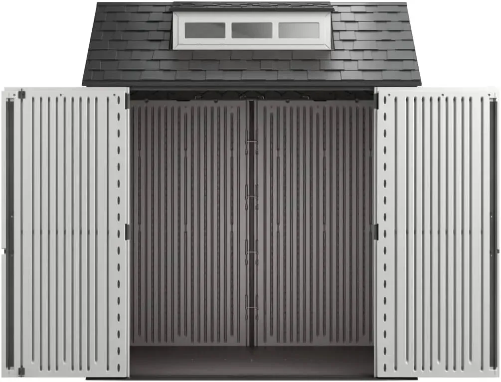 Rubbermaid Resin Outdoor Storage Shed With Floor (7 x 7 Ft), Weather Resistant, Gray, Organization for Home/Backyard/Garden Tool