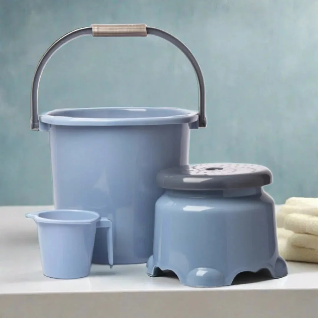 Saaj Bathroom Set of 3: Bucket, Mug, and Stool Combo in Blue