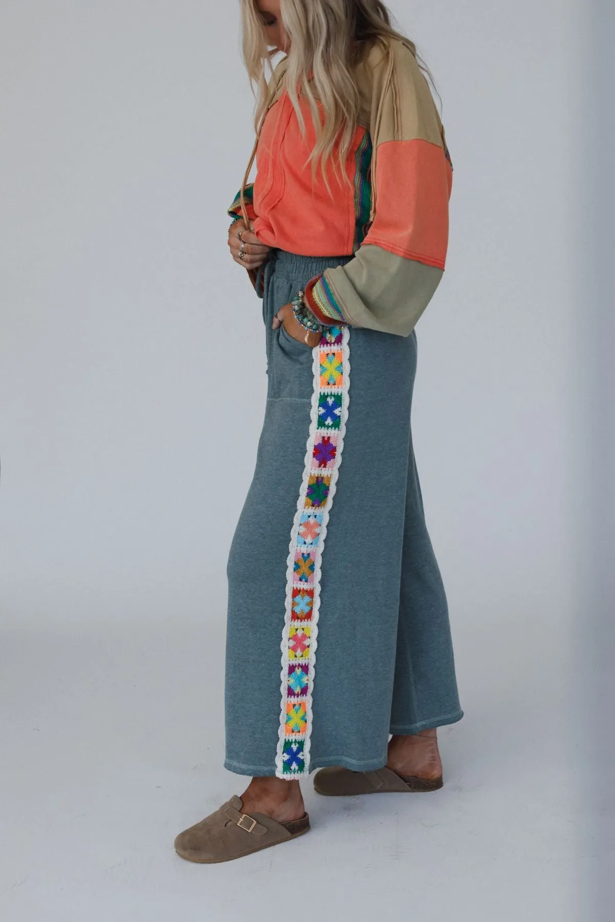 The Nest Love Seeker Crochet Panel Pants - Olive