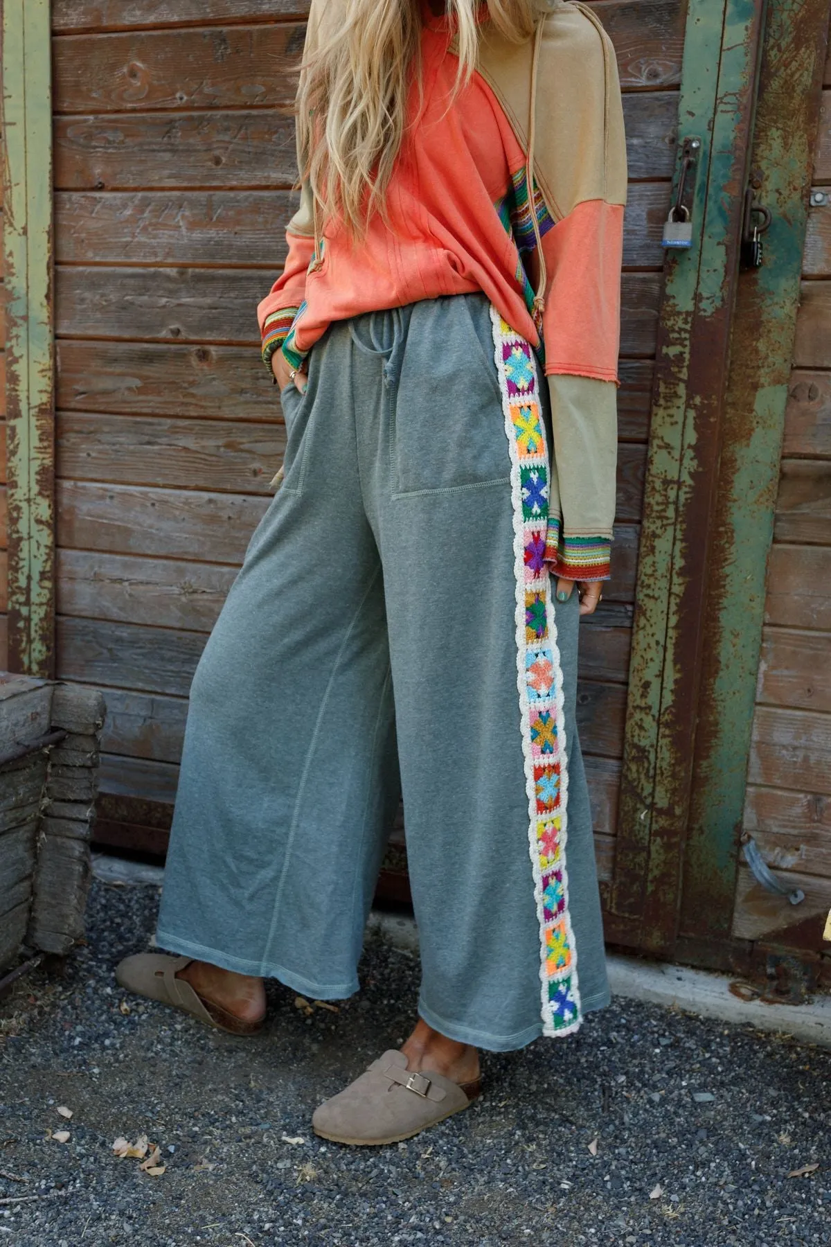 The Nest Love Seeker Crochet Panel Pants - Olive