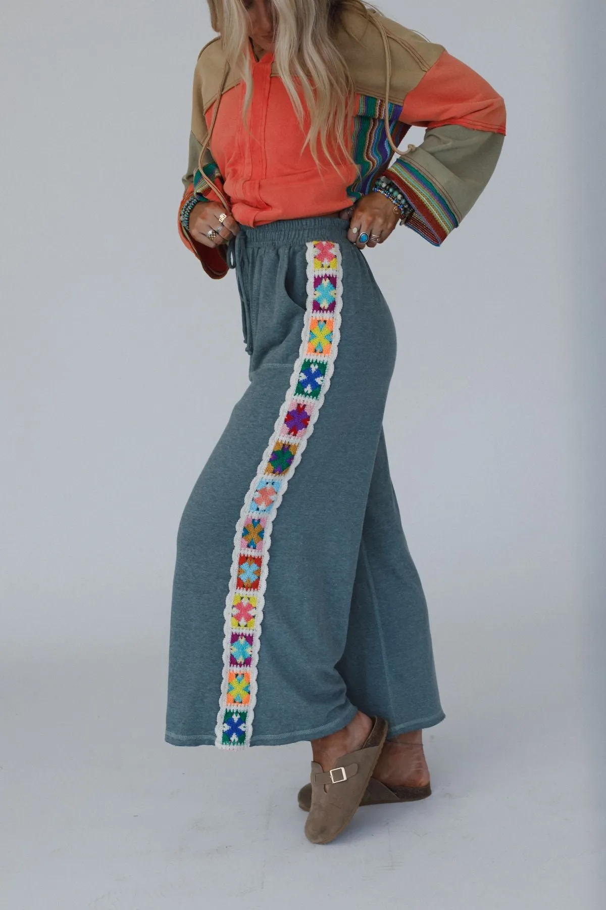 The Nest Love Seeker Crochet Panel Pants - Olive