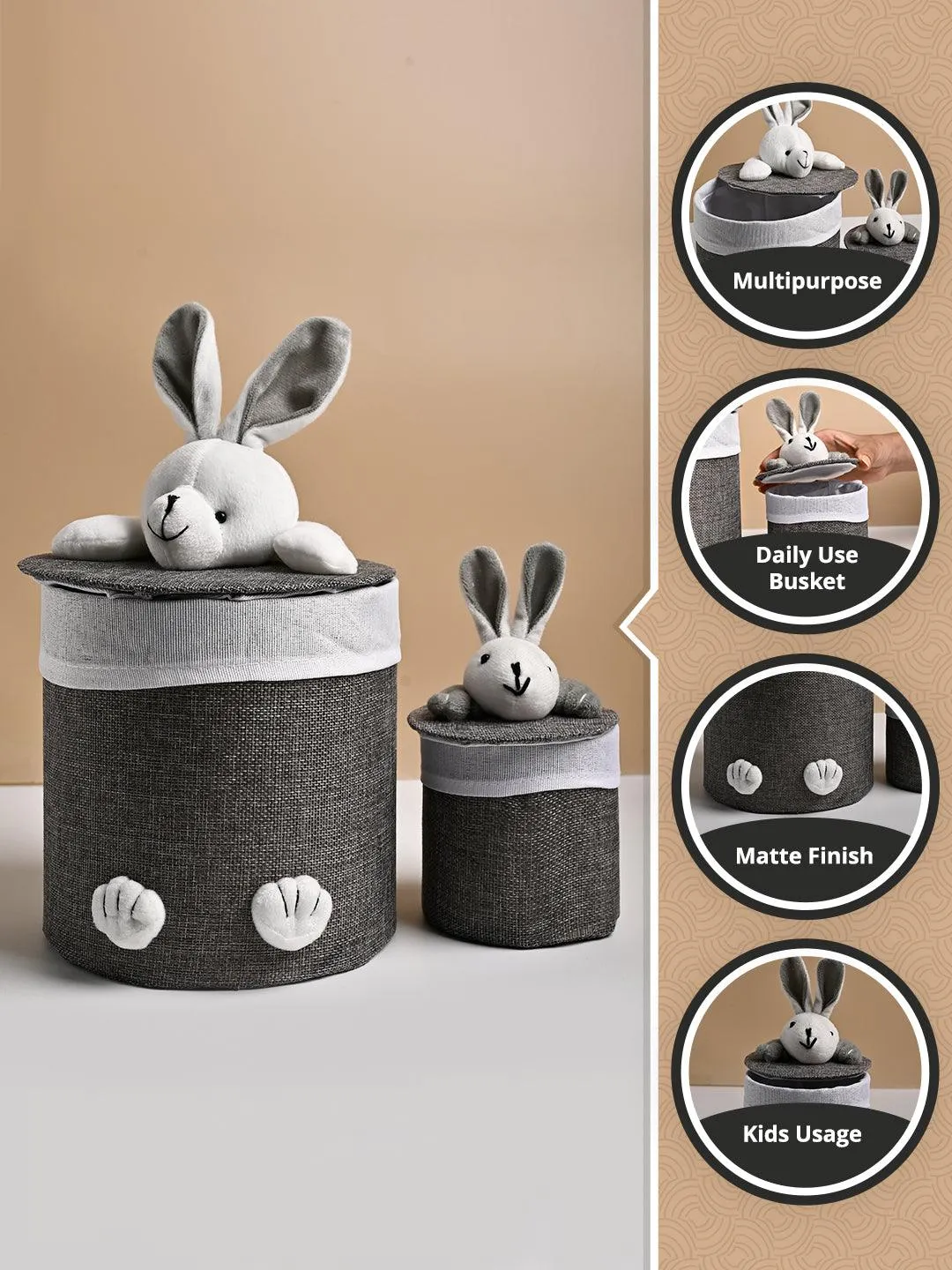 VON CASA Multi Purpose 2Pcs Round Fabric Basket/Bin - Bunny Face Design