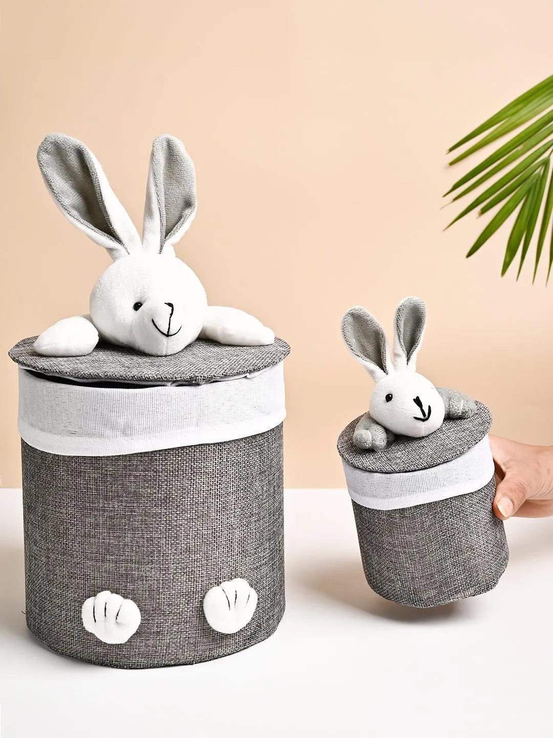VON CASA Multi Purpose 2Pcs Round Fabric Basket/Bin - Bunny Face Design